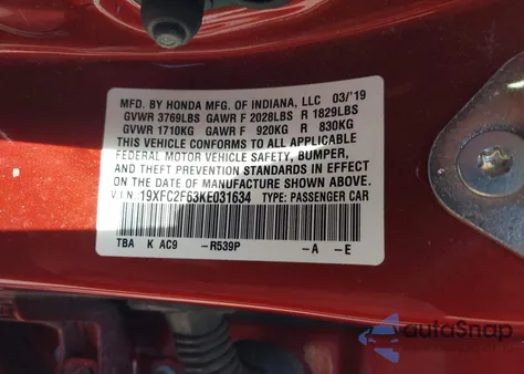 2019 Honda Civic Lx из США, поврежденный, VIN 19XFC2F63KE031634